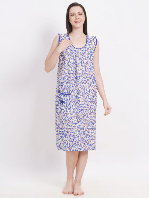 Breezly Woman's Long Short Calf Length Pure Cotton Nighty Dark Blue - Image 5