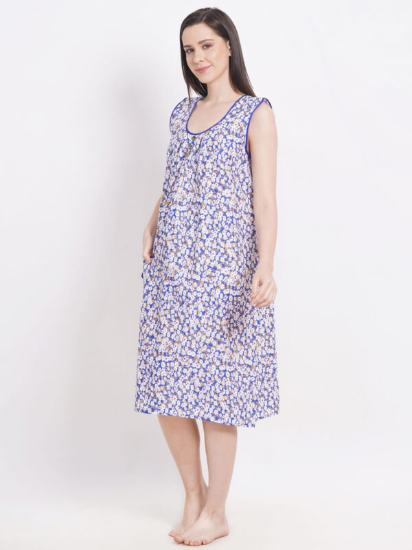 Breezly Woman's Long Short Calf Length Pure Cotton Nighty Dark Blue - Image 3
