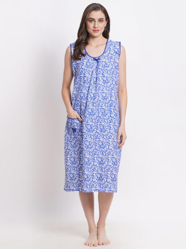 Woman Printed Sleeveless Mini Short Nighty Pure Cotton (Floral Blue) - Image 3