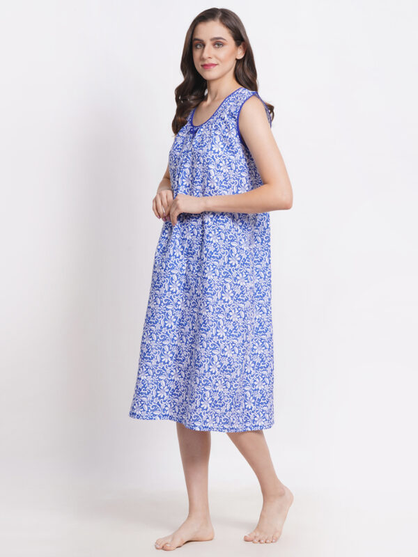 Woman Printed Sleeveless Mini Short Nighty Pure Cotton (Floral Blue) - Image 4