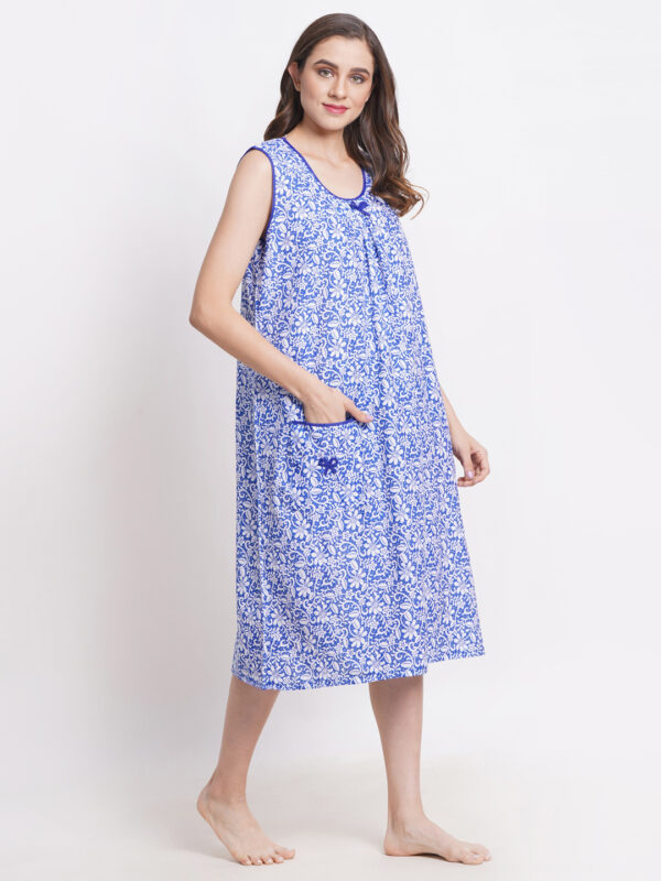 Woman Printed Sleeveless Mini Short Nighty Pure Cotton (Floral Blue) - Image 5