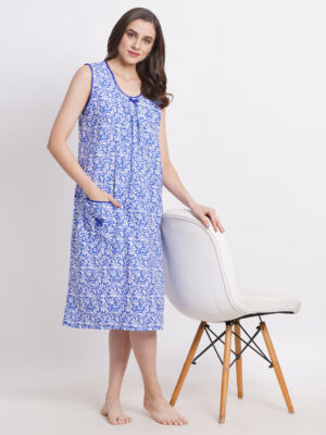 Woman Printed Sleeveless Mini Short Nighty Pure Cotton (Floral Blue)