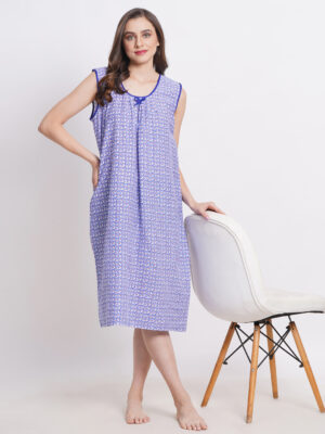Woman Printed Sleeveless Short Nighty Pure Cotton (Blue)