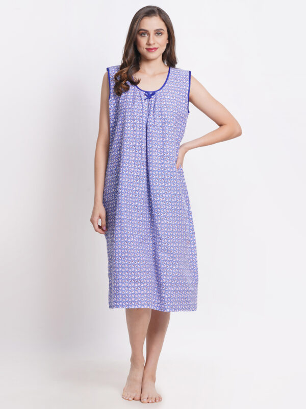 Woman Printed Sleeveless Short Nighty Pure Cotton (Blue) - Image 3