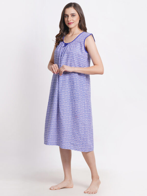 Woman Printed Sleeveless Short Nighty Pure Cotton (Blue) - Image 4