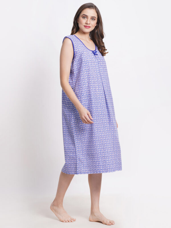 Woman Printed Sleeveless Short Nighty Pure Cotton (Blue) - Image 5