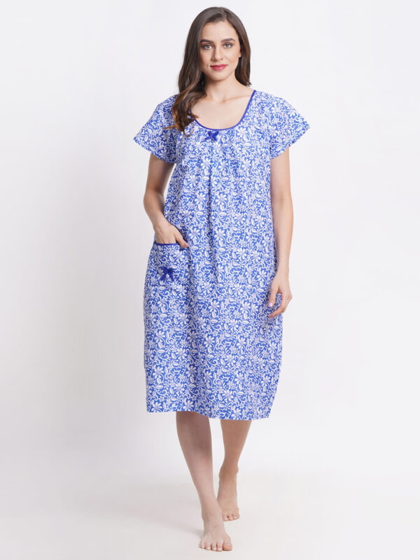 Woman Printed Mini Short Sleeve Nighty Pure Cotton (Floral Blue) - Image 3