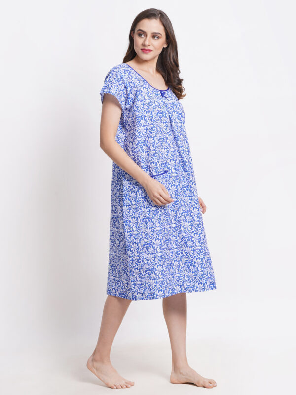 Woman Printed Mini Short Sleeve Nighty Pure Cotton (Floral Blue) - Image 5