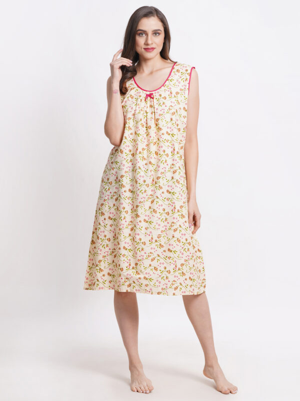 Woman Printed Sleeveless Short Nighty Pure Cotton (Cream) - Image 5