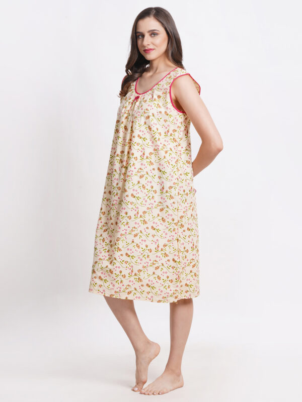 Woman Printed Sleeveless Short Nighty Pure Cotton (Cream) - Image 4