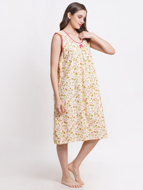 Woman Printed Sleeveless Short Nighty Pure Cotton (Cream) - Image 3