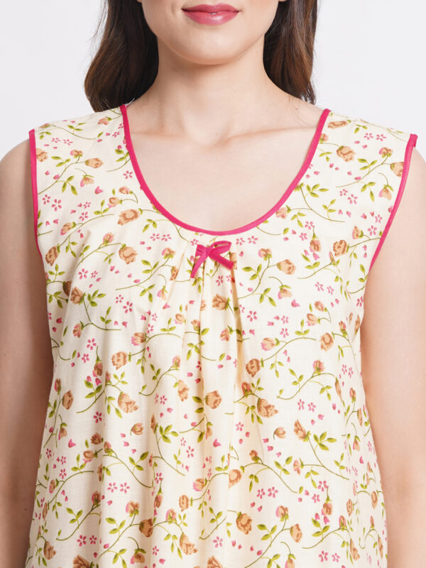 Woman Printed Sleeveless Short Nighty Pure Cotton (Cream) - Image 6