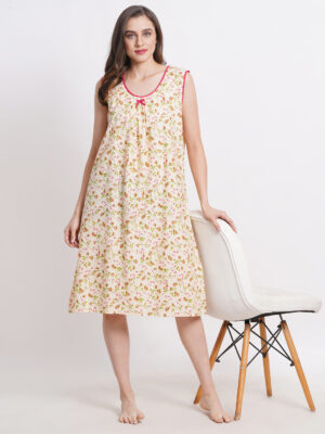 Woman Printed Sleeveless Short Nighty Pure Cotton (Cream)