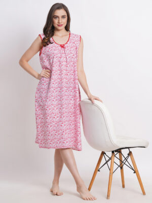 Woman Printed Sleeveless Short Nighty Pure Cotton (White Red)