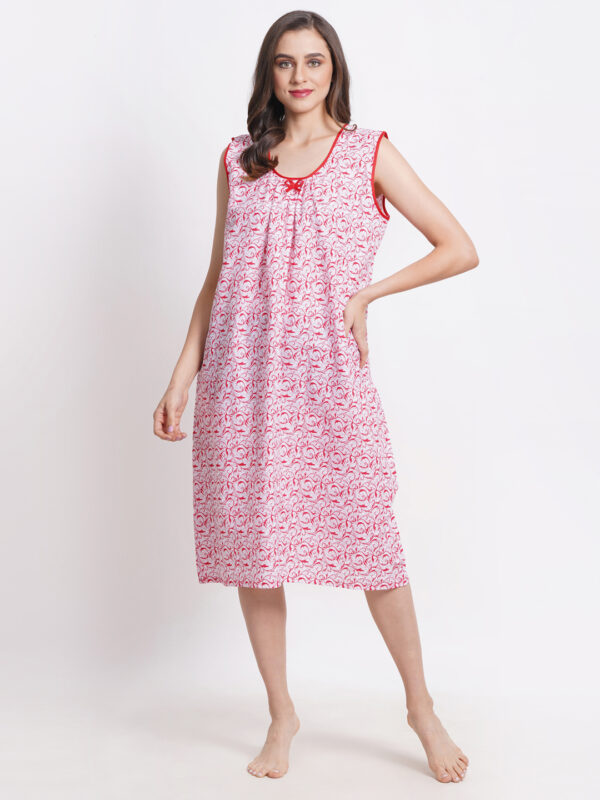 Woman Printed Sleeveless Short Nighty Pure Cotton (White Red) - Image 3