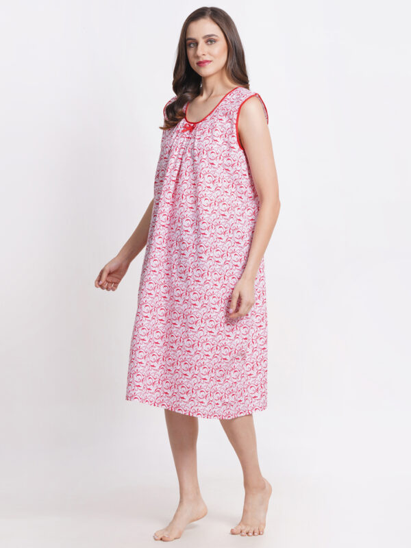 Woman Printed Sleeveless Short Nighty Pure Cotton (White Red) - Image 4