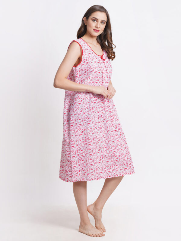 Woman Printed Sleeveless Short Nighty Pure Cotton (White Red) - Image 5