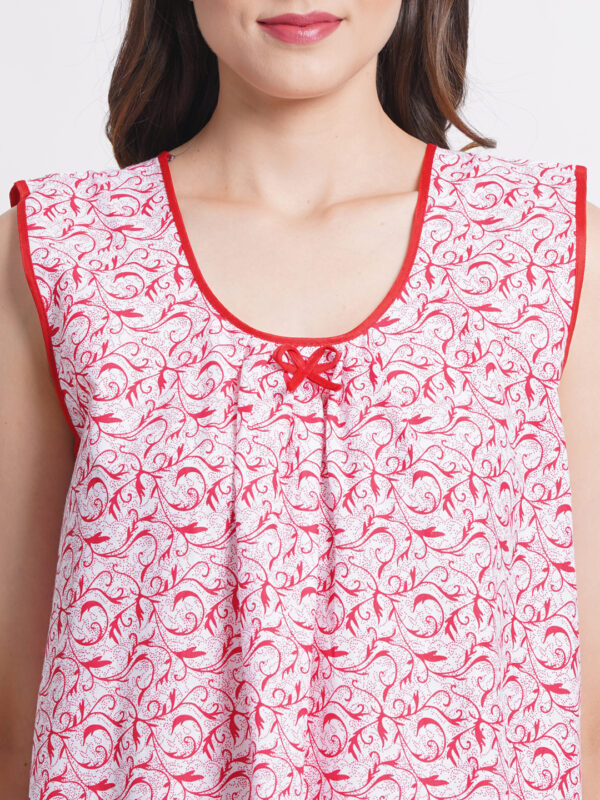 Woman Printed Sleeveless Short Nighty Pure Cotton (White Red) - Image 6