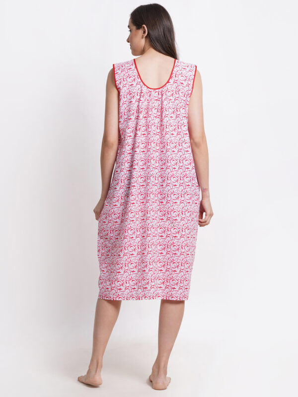 Woman Printed Sleeveless Short Nighty Pure Cotton (White Red) - Image 2
