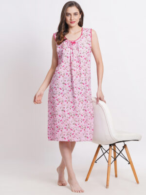Woman Printed Sleeveless Short Nighty Pure Cotton (Pink)