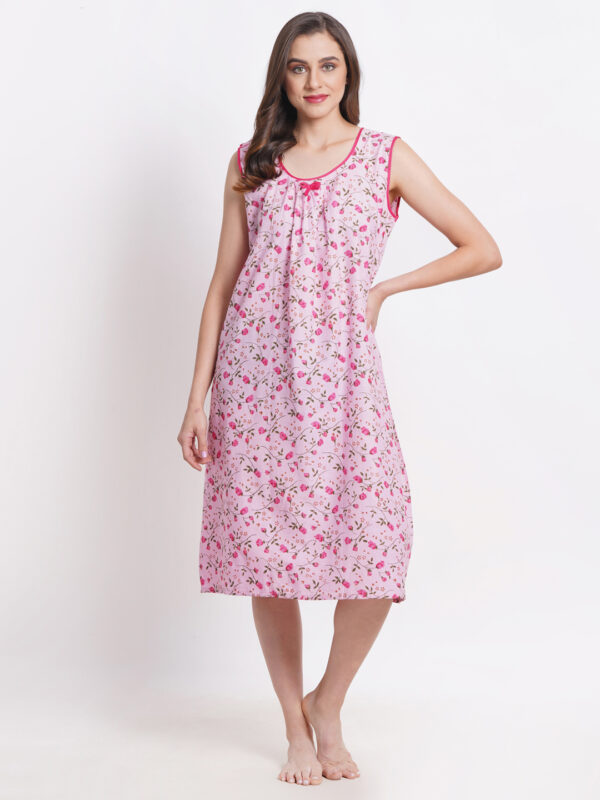 Woman Printed Sleeveless Short Nighty Pure Cotton (Pink) - Image 3