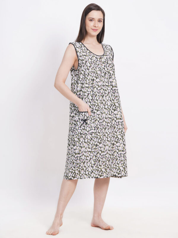 Breezly Woman's Long Short Calf Length Pure Cotton Nighty Dark Green - Image 3