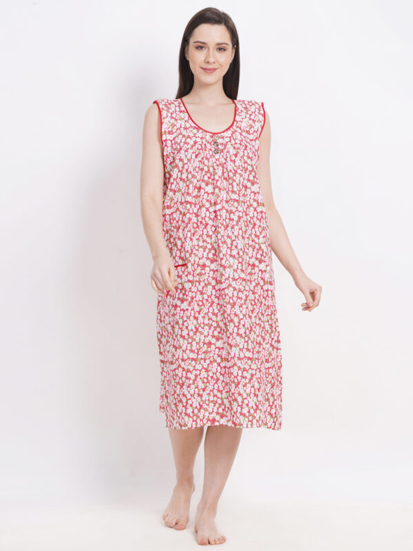 Breezly Woman's Long Short Calf Length Pure Cotton Nighty Red - Image 5