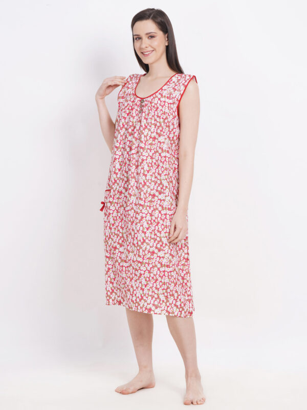 Breezly Woman's Long Short Calf Length Pure Cotton Nighty Red - Image 3