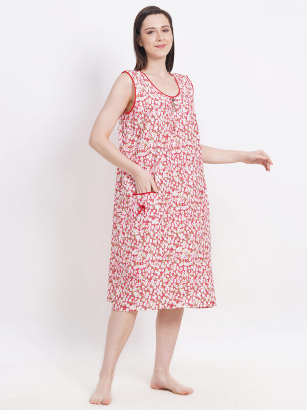 Breezly Woman's Long Short Calf Length Pure Cotton Nighty Red - Image 7