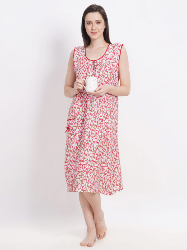 Breezly Woman's Long Short Calf Length Pure Cotton Nighty Red - Image 4
