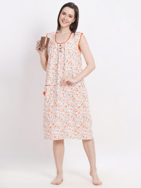 Breezly Woman's Long Short Calf Length Pure Cotton Nighty Orange - Image 5