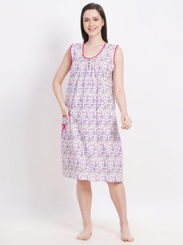 Breezly Long Short Calf Length Pure Cotton Nighty Purple - Image 3