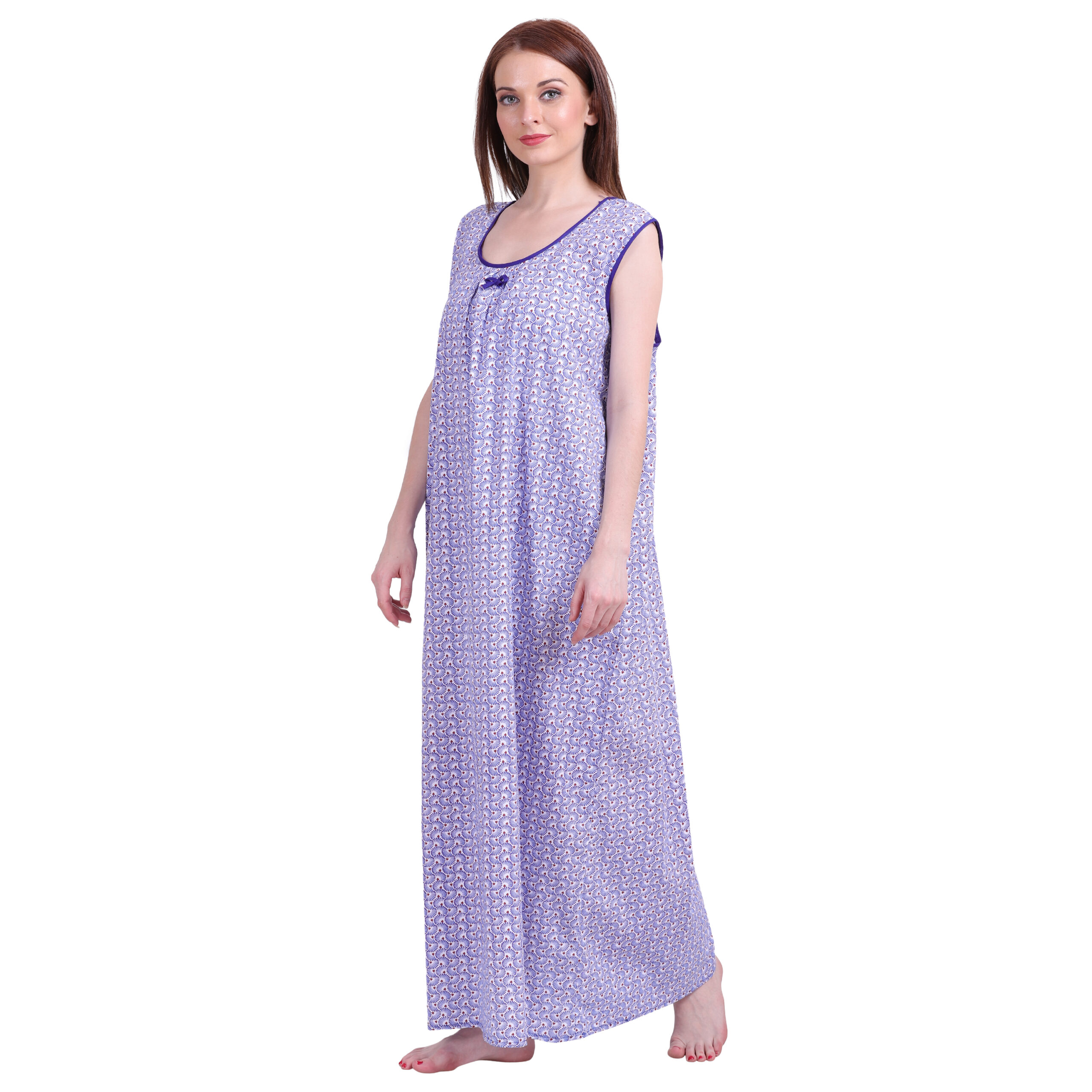 Woman Printed Sleeveless Nighty Pure Cotton (Blue) - Image 4