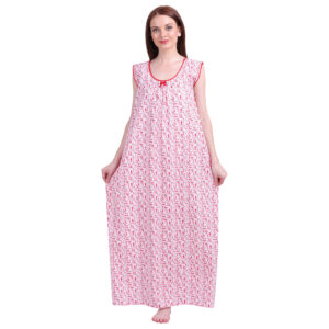 Woman Printed Sleeveless Nighty Pure Cotton (White Red)