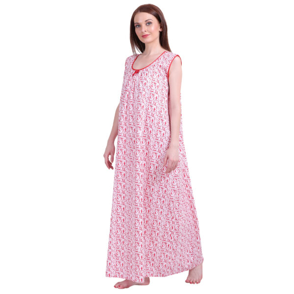 Woman Printed Sleeveless Nighty Pure Cotton (White Red) - Image 4