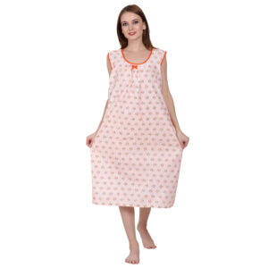 Woman Printed Sleeveless Short Nighty Pure Cotton (Light Orange)
