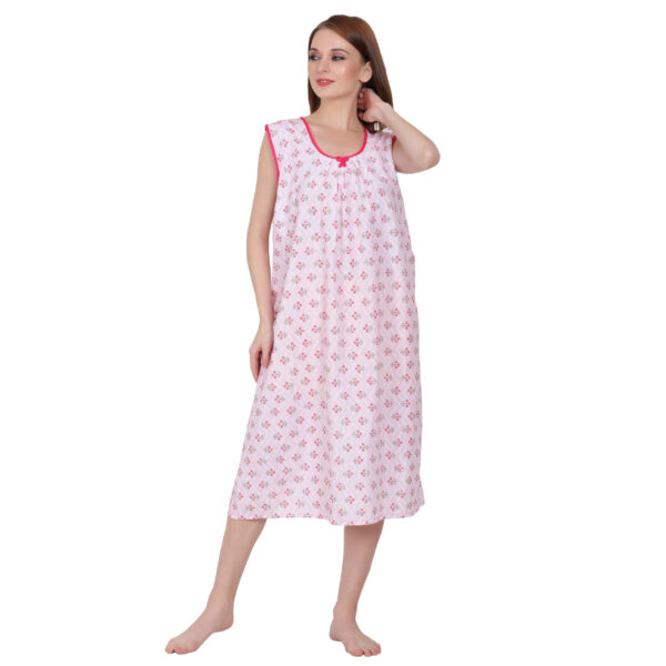 Woman Printed Sleeveless Short Nighty Pure Cotton (Baby Pink) - Image 3