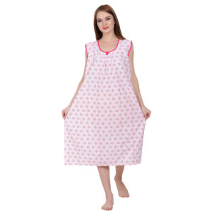 Woman Printed Sleeveless Short Nighty Pure Cotton (Baby Pink)