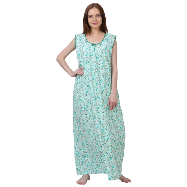 Woman Printed Sleeveless Nighty Pure Cotton (Light Green) - Image 3