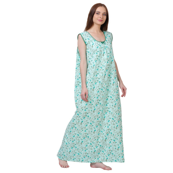 Woman Printed Sleeveless Nighty Pure Cotton (Light Green) - Image 4