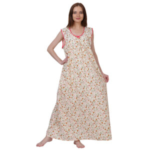 Woman Printed Sleeveless Nighty Pure Cotton (Cream)