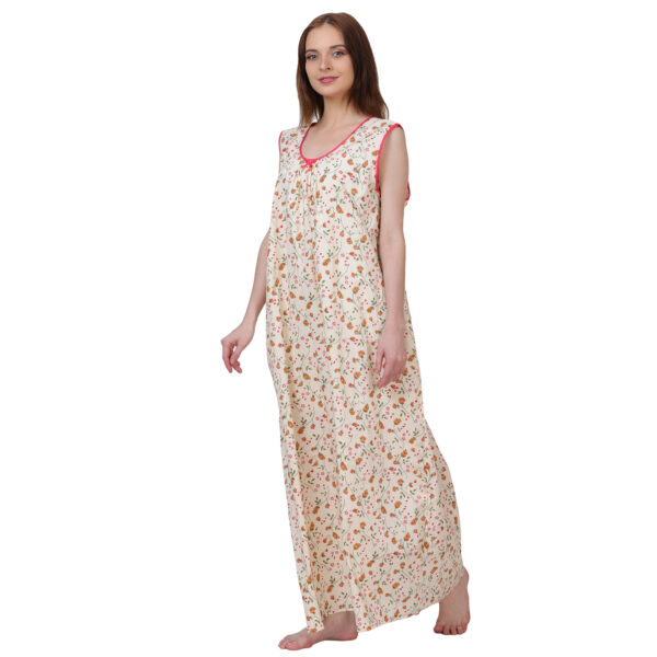 Woman Printed Sleeveless Nighty Pure Cotton (Cream) - Image 3