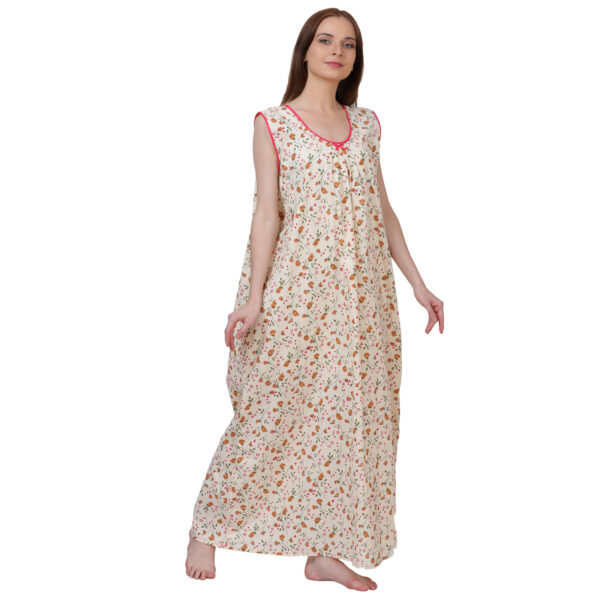 Woman Printed Sleeveless Nighty Pure Cotton (Cream) - Image 4