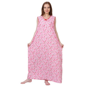 Woman Printed Sleeveless Nighty Pure Cotton (Pink)