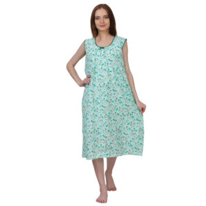 Woman Printed Sleeveless Short Nighty Pure Cotton (Light Green)