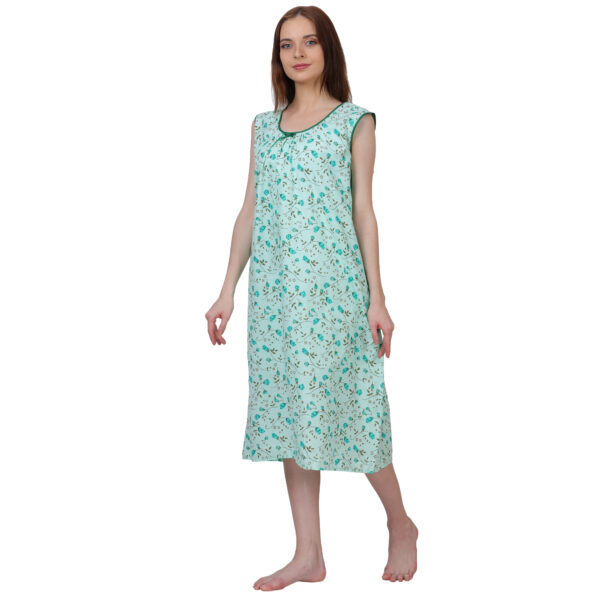 Woman Printed Sleeveless Short Nighty Pure Cotton (Light Green) - Image 3