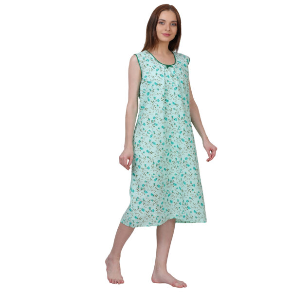 Woman Printed Sleeveless Short Nighty Pure Cotton (Light Green) - Image 4