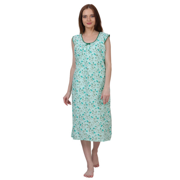 Woman Printed Sleeveless Short Nighty Pure Cotton (Light Green) - Image 5