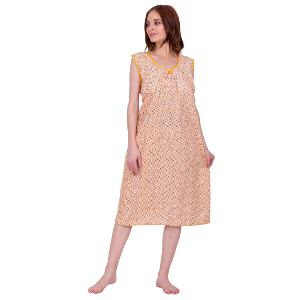 Woman Printed Sleeveless Short Nighty Pure Cotton (Light Orange) - Image 3