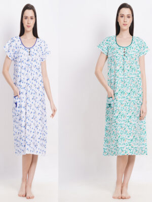 Woman's Midi Blue & Green Combo Cotton Nighty
